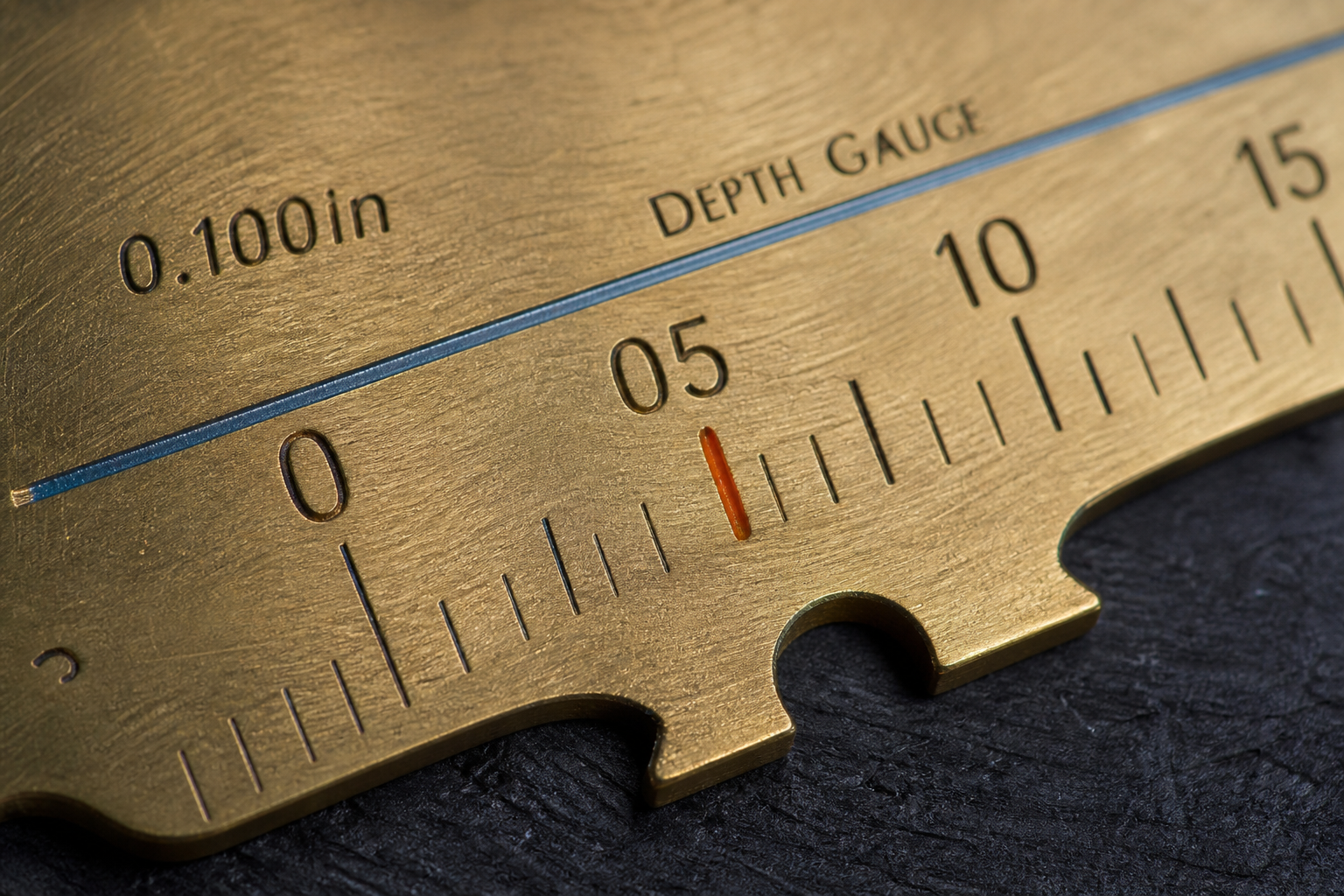 Brass depth gauge with calibration ticks on a rubber bench