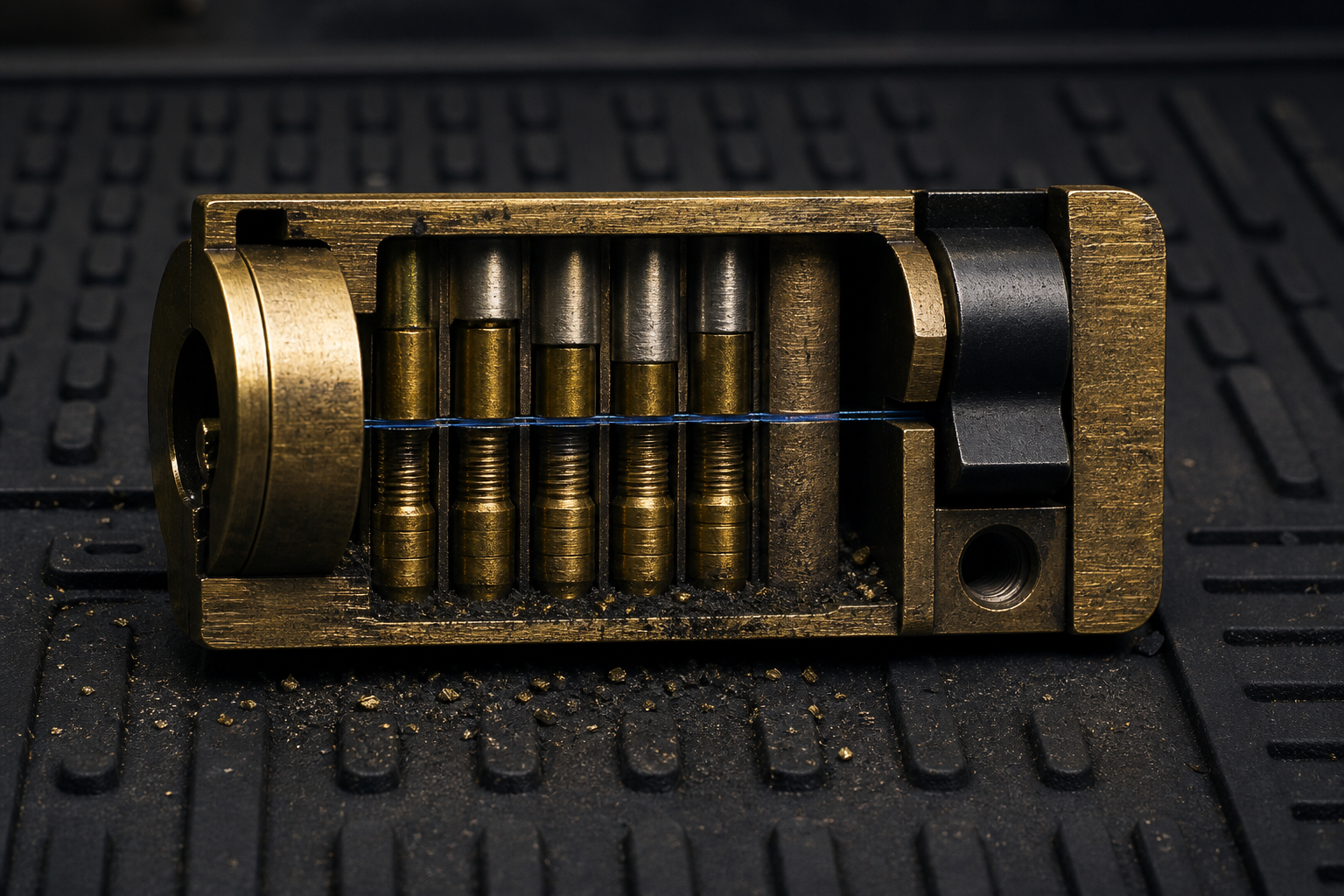 Abstract brass cylinder cutaway on a dark rubber calibration bench